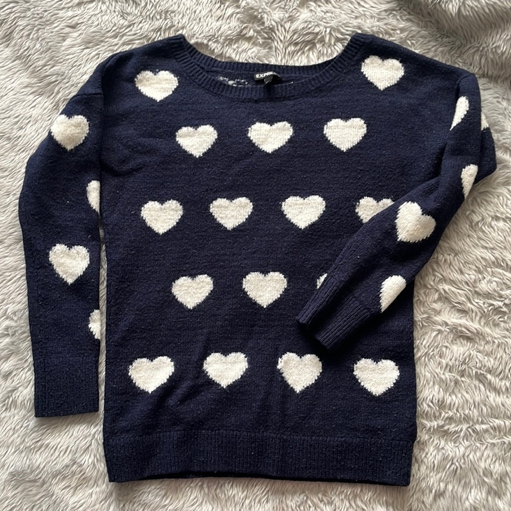 Express blue with white hearts acrylic and wool sweater.
